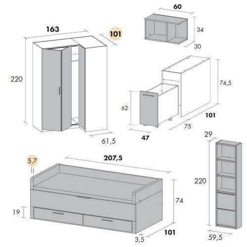 Dormitorio Juvenil Bicama y Armario Rincón Plegable ADAPT 22