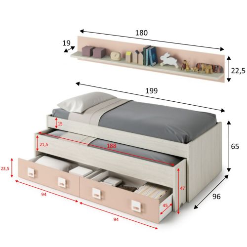 Conjunto de dormitorio NUBE de doble cama con dos cajones y estante 0M7449Y