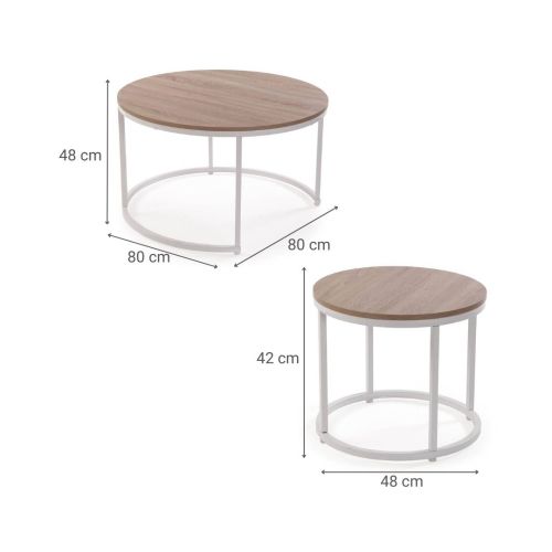 Conjunto de 2 Mesas Auxiliares con Superficie de MDF en Acabado Natural y Estructura Metal Blanca AUREA 21300080