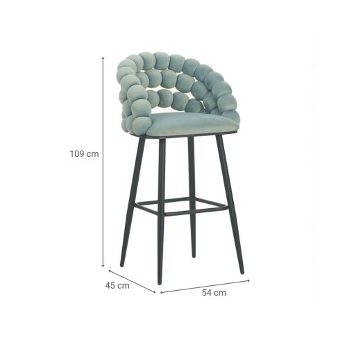 Taburete de Bar con Respaldo NIMPHA Color Azul de Terciopelo con Patas de Metal Negras 30-157