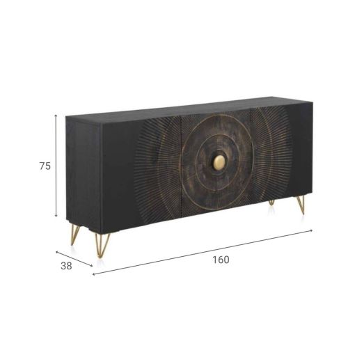 Aparador negro de madera de mango de 3 puertas y patas doradas GABAR 10692