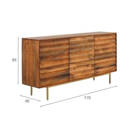 Aparador de tres puertas en madera de mango natural con patas metálicas doradas GABAR 10705