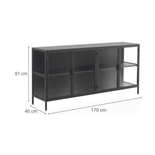 Aparador con puertas y laterales de cristal y estructura de metal negra GABAR 10867