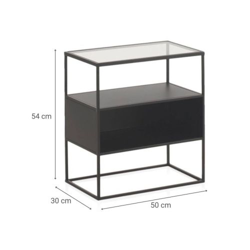 Mesa de noche metalíca negra con sobre de cristal GABAR 10944