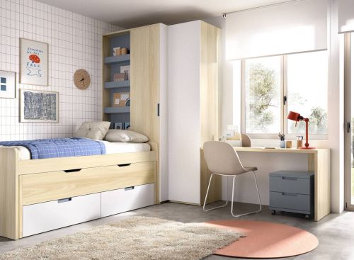Dormitorio Juvenil con Armario Rincón y Cama MUNDO JOVEN C112