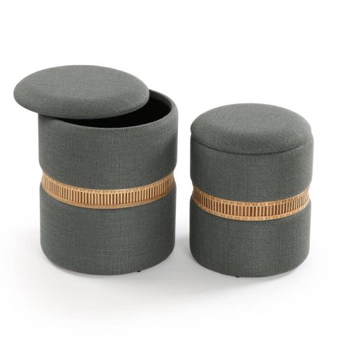 Set de 2 Puff con Almacenaje Gris Oscuro en Pana y Detalle de Bambú 22050078