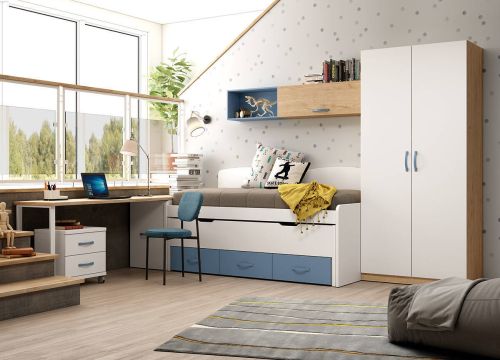 Dormitorio juvenil LIDER GO 216 con Acabados en Bambú/Blanco/Azulón