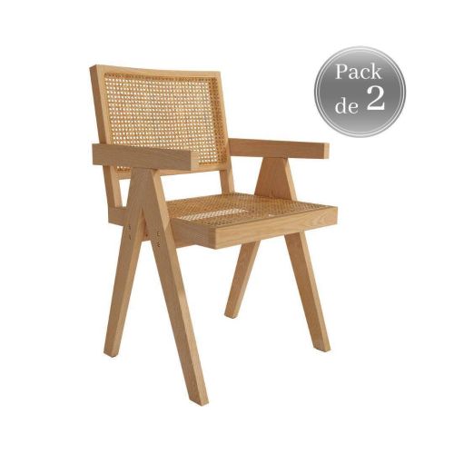 Juego de dos sillas con Asiento de Ratán y Estructura de Madera de Fresno Natural con brazos ENEA CG1930FR