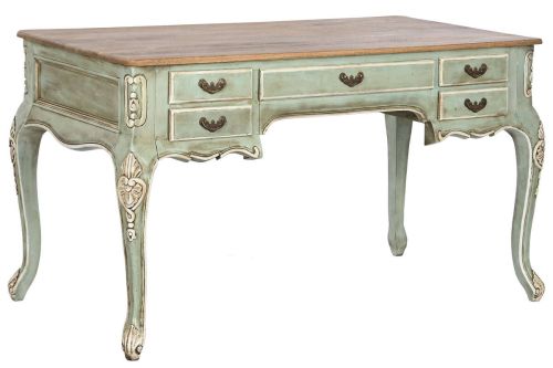 Escritorio de Madera Maciza con Acabado Decapé Verde y 5 Cajones MB-208799