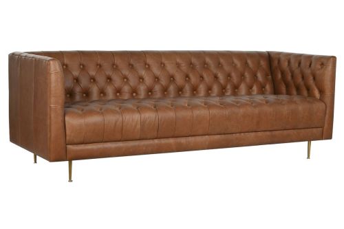 Sofá de Piel Capitoné con Patas de Acero Cognac MB-216492