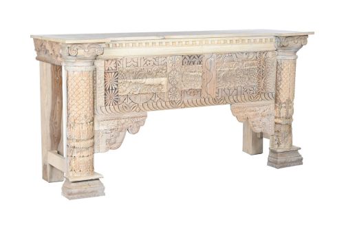 Consola de Madera de Mango Tallada Blanco Envejecido MB-208590