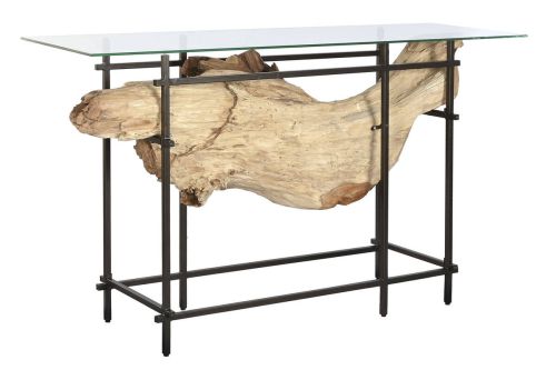 Consola de Entrada Teca Natural con Cristal y Metal Negro MB-217892