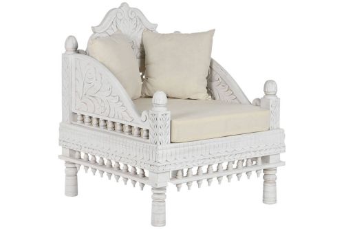 Butaca de Madera de Mango Tallada Decapé Beige MB-216488