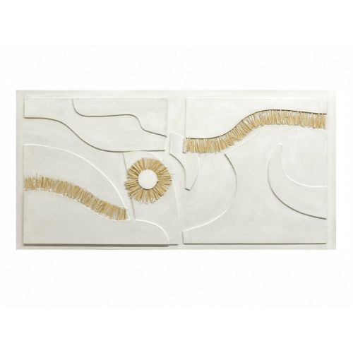 Cuadro Abstracto de Lienzo con Motivos en Rafia con Detalles Dorado y Blanco 81-492