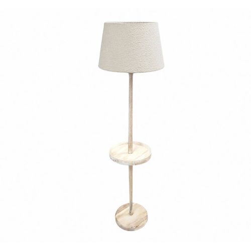 Lámpara de Pie de Madera Natural con Bandeja Redonda y Pantalla de Tela Blanca 51-215