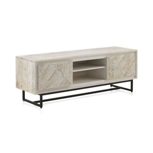 Mueble de TV de madera de mango con 2 puertas de color blanco patinado GABAR 10826