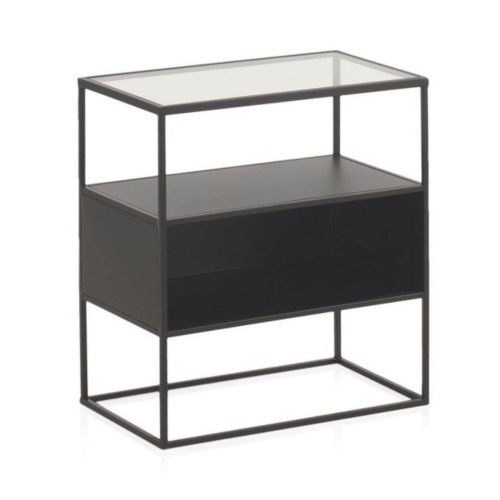 Mesa de noche metalíca negra con sobre de cristal GABAR 10944