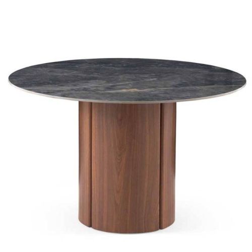 Mesa de Comedor Redonda 120 cm Nogal con Sobre Cerámico Mármol Gris GABAR 11607