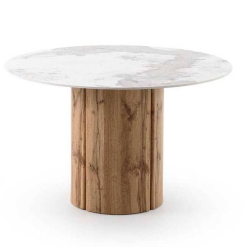 Mesa de Comedor Redonda 120 cm Roble con Sobre Cerámico Mármol Calacatta GABAR 11606