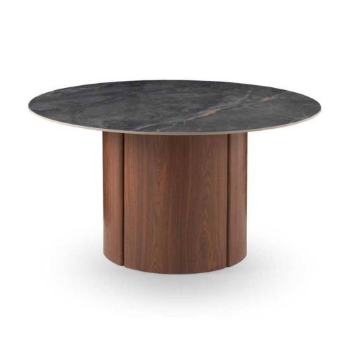 Mesa de Comedor Redonda 140 cm Nogal con Sobre Cerámico Mármol Gris GABAR 11609