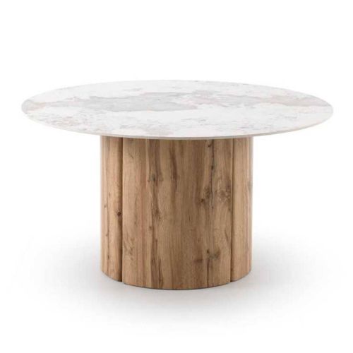 Mesa de Comedor Redonda 140 cm Roble con Sobre Cerámico Mármol Calacatta GABAR 11608