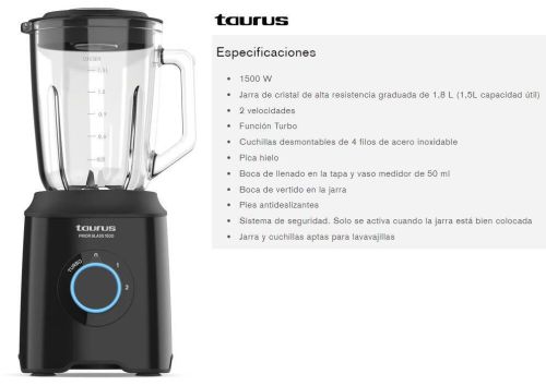 Batidora Taurus Prior Glass 1500W vaso cristal 1.5L pica hielo 912475000