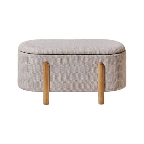 Taburete Descalzador para Pie de Cama Tapizado en Tela Beige con Patas de Madera Natural MASKINI 33-619