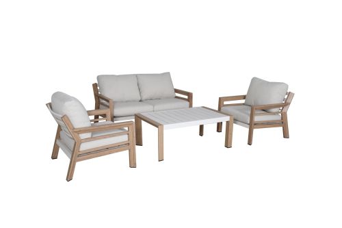 Conjunto de Jardín Madera con Detalles Blancos y Cojines Beige CÁDIZ